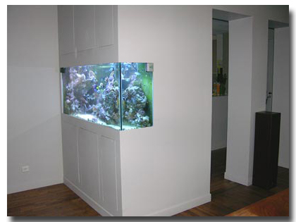 aquarium encastré dans entre un mur et un poteau beton